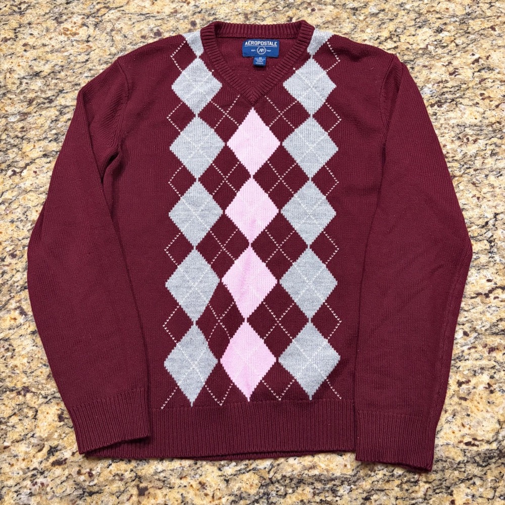 Aeropostale Mens Argyle V-Neck Sweater Burgundy Pink Grey Knit Size Medium